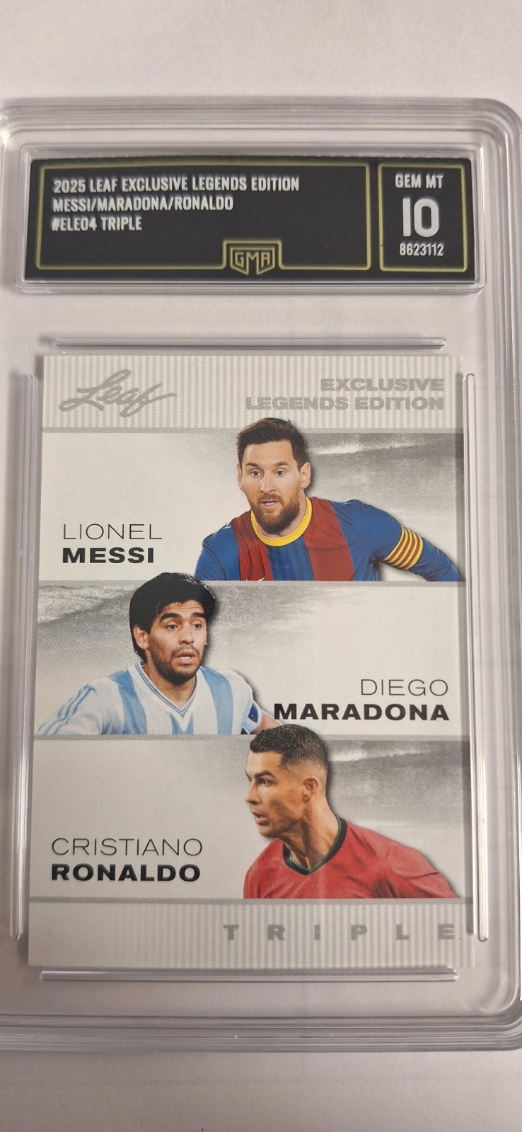 Leaf 2025 Exclusive Legends Edition Triple Messi Maradona Ronaldo #ELE-04 GMA 10 view 6