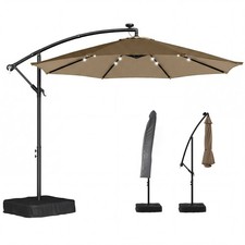 10 ft Offset Cantilever Patio Umbrella w/ Light, Weight, Tan