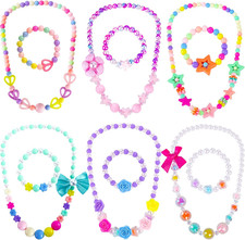 Little Girls Necklace Bracelet, 6 Sets Lovely Colorful Beads Jewelry Princess Dr