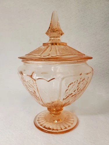 Vintage Hocking Glass Pink Depression Mayfair "Open Rose" Candy Dish & Cover