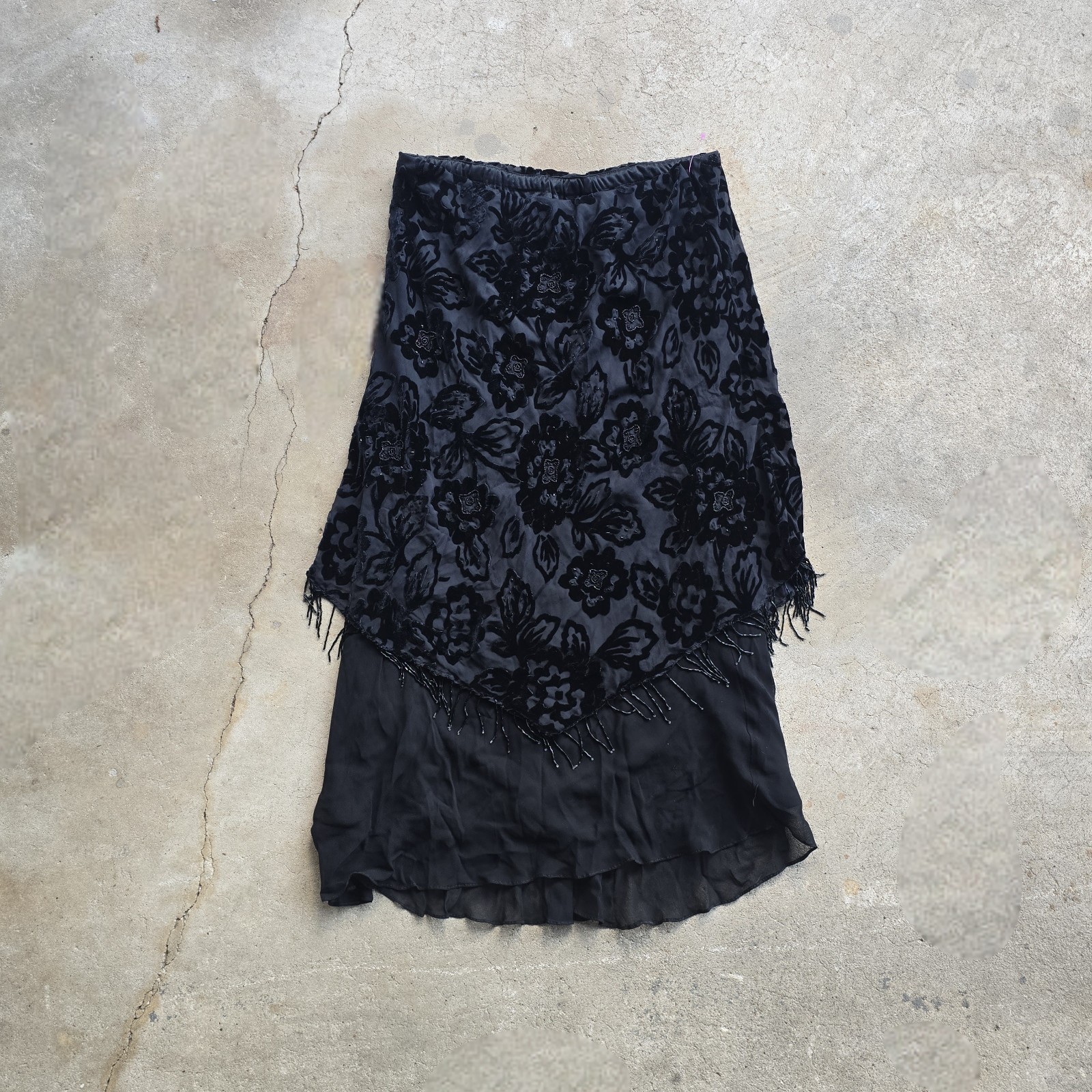 Y2K Vintage 90s Maxi Skirt Velvet Grunge Burnout Fringe Black Whimsigoth L Fairy