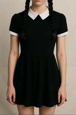 Black Peter Pan Collar Fit flare Dress Wednesday Addams Goth Dark Sz S womens