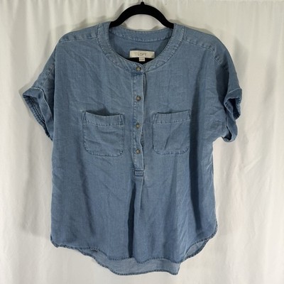Loft Chambray Blouse Women's XS Light Blue Short Sleeve Button Up Pockets