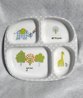 Pottery Barn Kids Plate Sectioned Meal Plate Zoo Animals Trees Melamine Gray