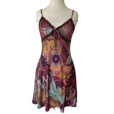 Shein Psychedelic Floral Pink Orange Slip Tank Mini Dress Brown Lace Trim Bow M