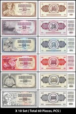 Yugoslavia 10-1000 Dinara 6 Pieces Full Set, 1965-1981, P-80a-92b, UNC X 10 PCS