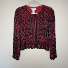 Vintage Niteline Black Red Silk Sequined Beaded Evening Formal Jacket Size M