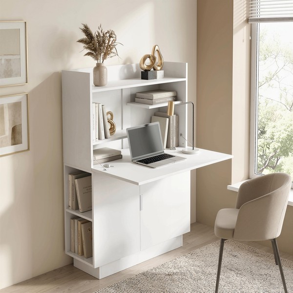 Homcom Schreibtisch Mit Klappbarer Tischplatte, Computertisch Mit Regal, Schrank-image