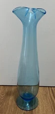 MCM RAINBOW GLASS Blown Teal Blue Vase with Pulled Ruffle Top & Pedestal Base