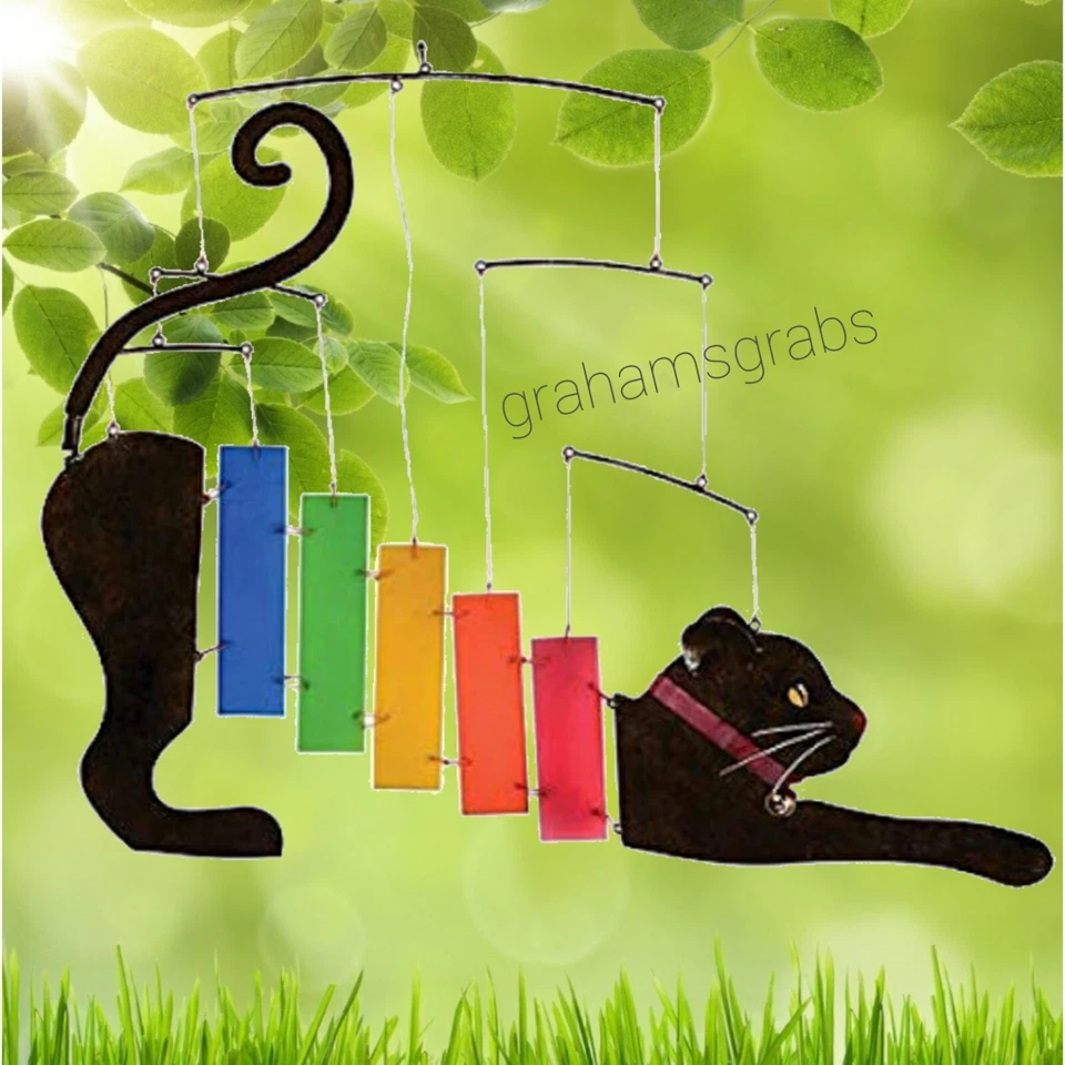 CUT GLASS RAINBOW KITTY CAT MOBILE CHIME OUTDOOR DECOR GEBLUEG482 BLUE HANDWORKS - Image 3 of 3