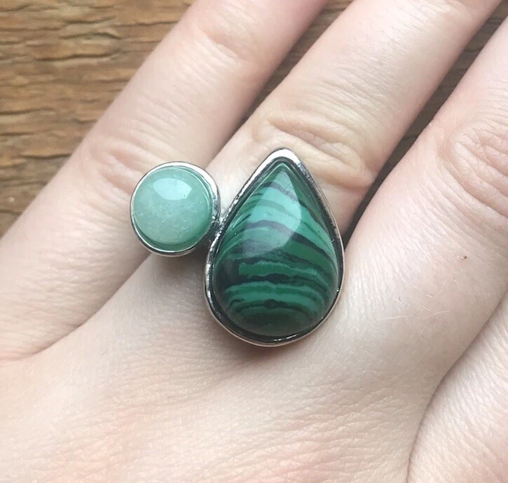 Stunning Big Metal Stone Effect Ring Silver Tone Statement Chunky Malachite