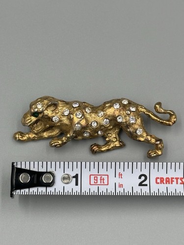 Vintage Gold Colored Leopard Cheetah W/ Rhinestone Spots Brooch 2” Jewelry - Picture 2 of 3
