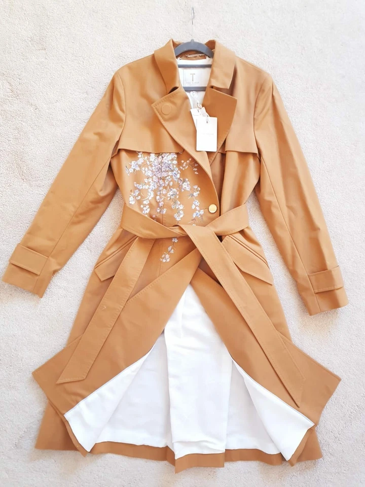 BNWT Ted Baker Camel Brown Cotton Embroidered Floral Belted Coat UK 14 TB 4 £329 - Image 2 of 4