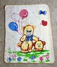 Vintage Baby Blanket Teddy Bear Balloons Puppy Butterfly Mink Plush Yellow RARE