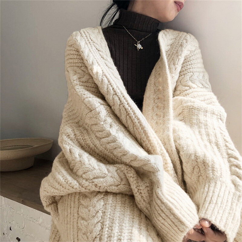 Women Thick Sweater Loose Long Cardigans Warm Twisted Knitted Winter
