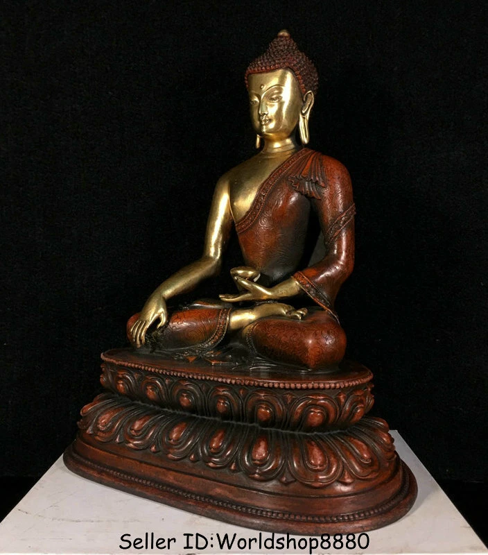 Estatua túnica de Buda Shakyamuni Amitabha Tíbet dorado oro 24k cobre rojo antiguo de 9,8" Foto 4 de 4