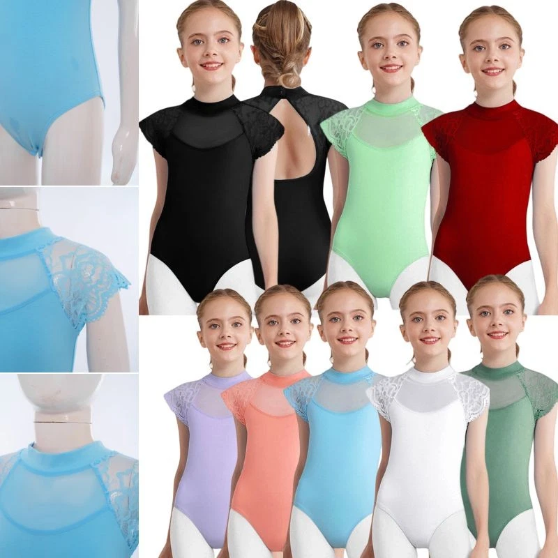 Kids Girls Unitard Ballerina Leotard Training Bodysuit Dancewear Jumpsuit Lace - Image 3 of 4