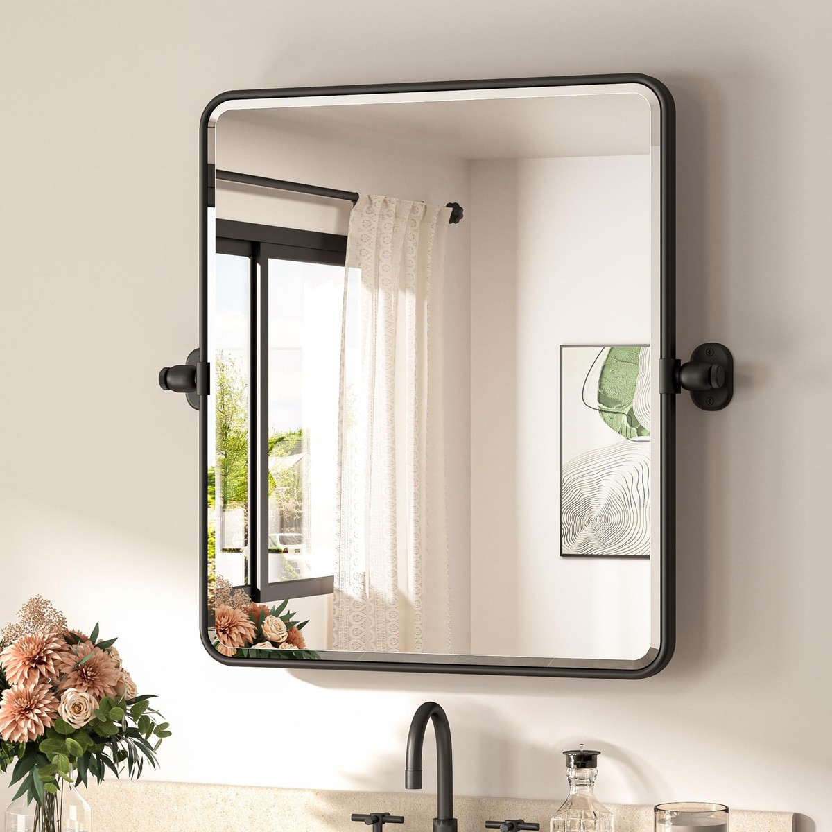 Pivot Mirror for Bathroom 20 x 24 Black Pivoting Tilt Rectangle