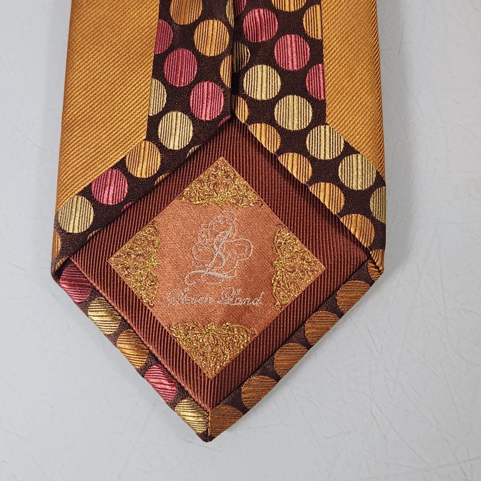 Steven Land Gold Brown Polka Dot & Solid Design 100% Silk Neck Tie - Image 4 of 4