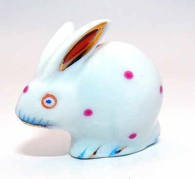 HEREND HUNGARY Miniature BUNNY RABBIT Figurine PINK POLKA DOTS