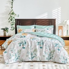 Leaves Comforter Sheet Set White Bed in a Bag 7 Pieces King King-7 Pieces Green