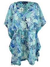 Tommy Hilfiger Women's Printed Chiffon Kaftan Top Swim Cover-Up Bluebird, L/XL 