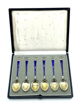 Ela Denmark Sterling Silber 6 Espresso Löffel Set Krone Emaille Etui vergoldet