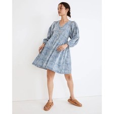 Madewell Women's Bubble Sleeve Button Front Indigo Paisley Mini Cotton Dress S