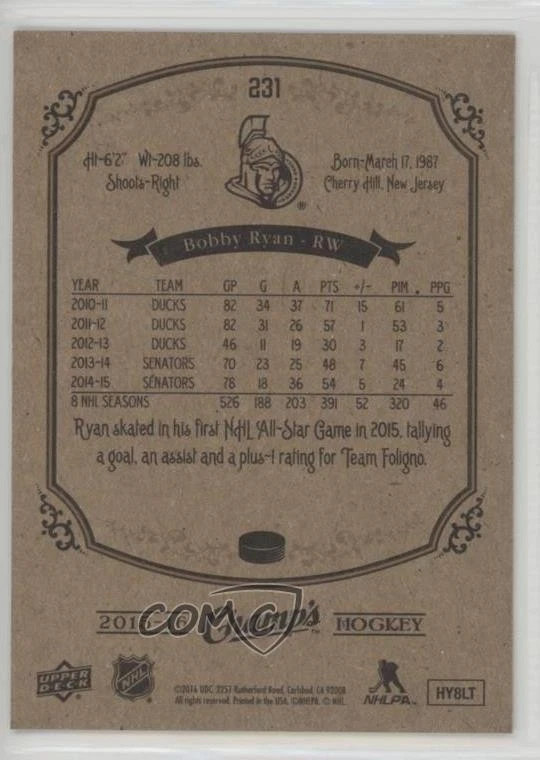 2015-16 Upper Deck Champ's Short Prints Gold Front Bobby Ryan #231 - Image 2 of 2