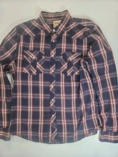 Levis Mens Pearl Snap Button Down Shirt Large Red Blue Plaid Classic Western
