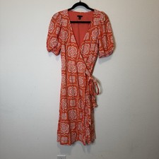 Ann Taylor Tile Floral Wrap Dress Coral Knee length Short Sleeve size Small