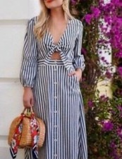 Madewell Shimmer Striped Tie-Front Cut Out Midi Dress Size 8 NWT