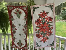 Lot 2 TRUE Vtg MCM Christmas TABLE RUNNERS Poinsettia Holly Candles Bells Flaws