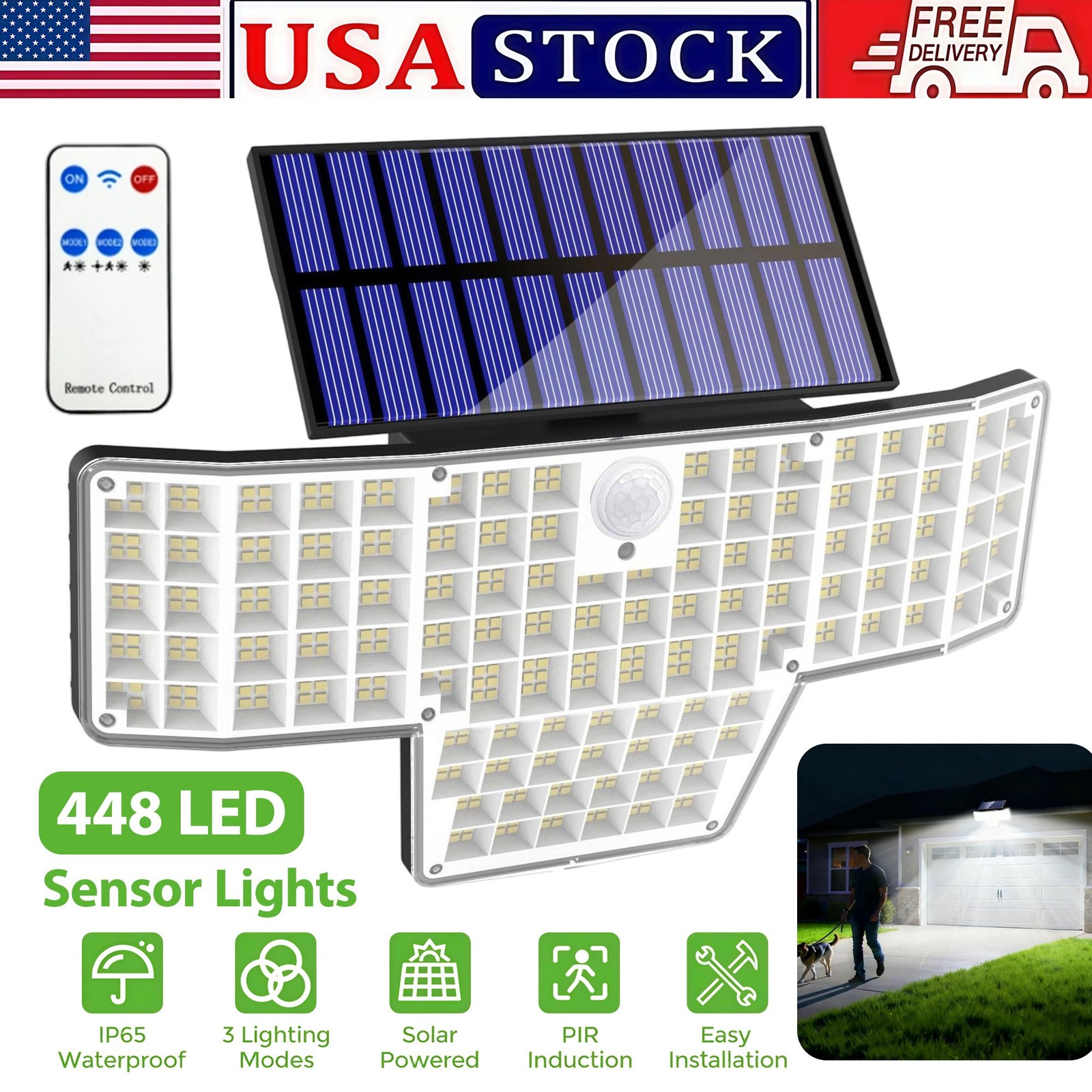 Solar Power Motion Sensor 448 LED Wall Light Security Outdoor Garden Flood Lamp