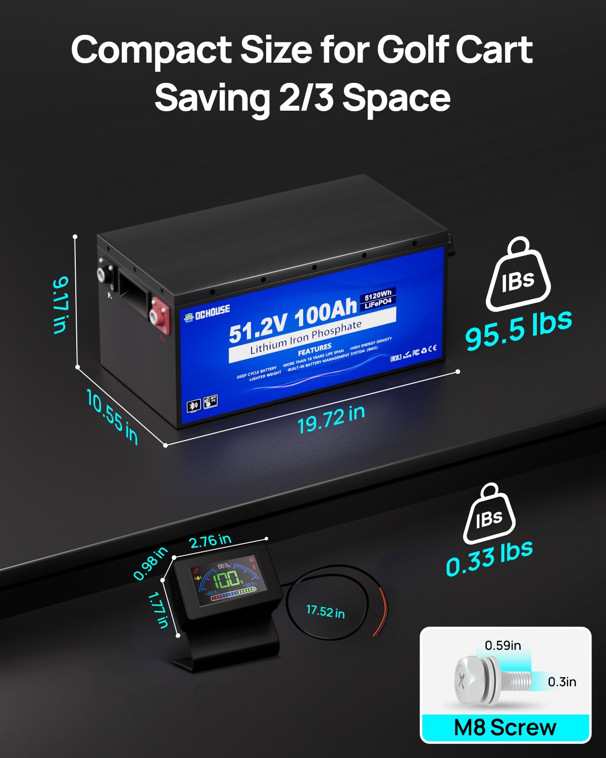 DC HOUSE 48V 100Ah Lithium Lifepo4 Golf Cart Battery Metal Case Bluetooth BMS