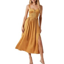 NWOT Astr The Label Pleated Bustier Sleeveless Midi Dress MEDIUM in Gold