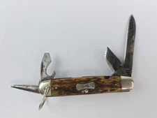 Vintage Cattaraugus Camping Scout Folding Pocket Knife Stag Handle -Engraved PLS