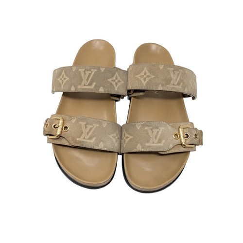 Louis Vuitton Distressed Beige Bom Dia Suede Monogram Sandals Size EU 37.5