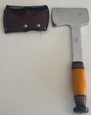 VINTAGE KINFOLKS HATCHET W/ BUTTERSCOTCH HANDLE AND LEATHER SHEATH
