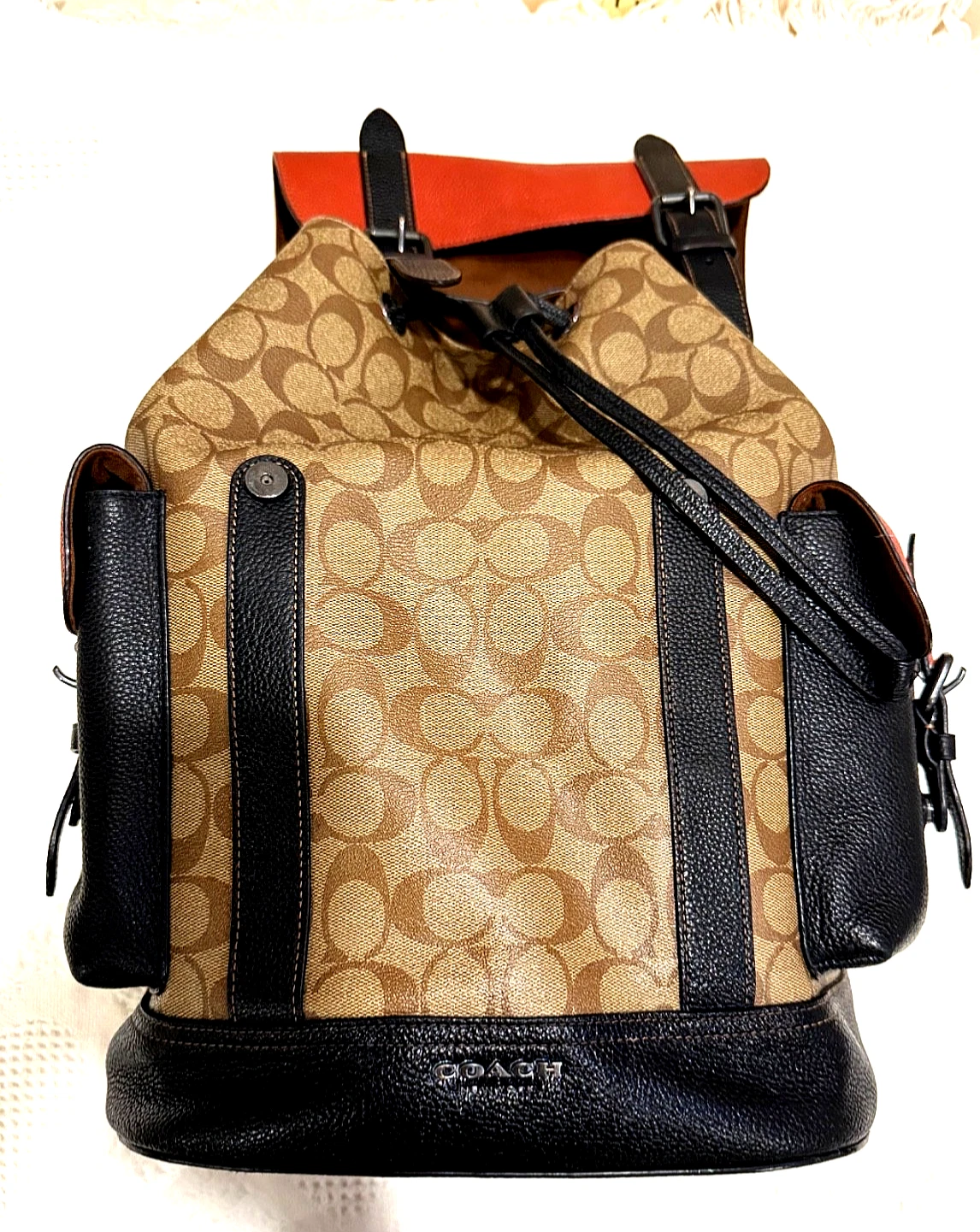 Coach Hudson Backpack In Colorblock Signature Canvas Khaki Terracotta C8145