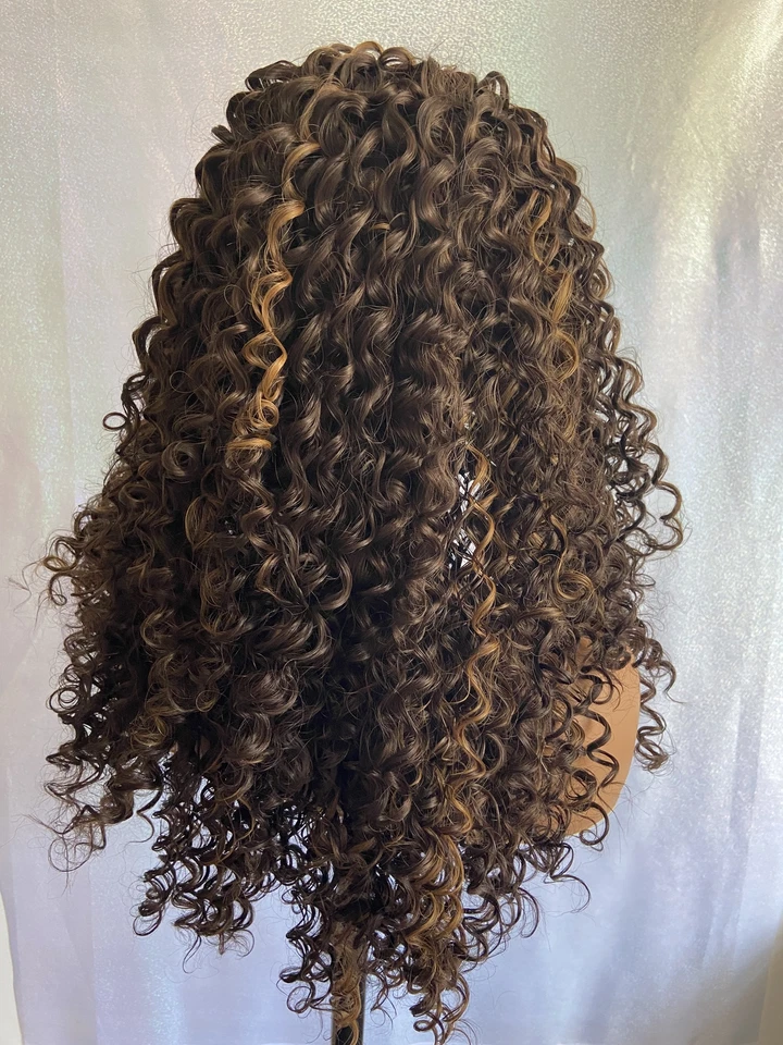 Pelucas delanteras de encaje completo mezcla cabello humano largas rizadas resaltar rubio calor OK 6/27 Foto 4 de 4