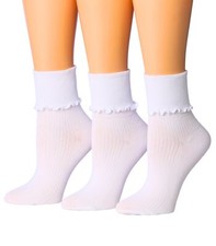 Womens 3 Pairs White Color Ruffle Socks Turn-Cuff Solid Lettuce Edge Lightwei...