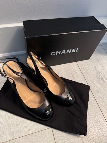 Chanel Black Slingback patent leather Cap Toe CC Logo Heels Size 7.5 - FITS A 7 - Picture 3 of 9