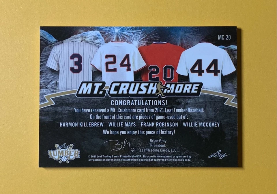 2021 LEAF LUMBER MT. CRUSHMORE RELICS KILLEBREW MAYS ROBINSON MCCOVEY 1/1 #MC-20 - Image 2 of 2