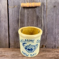 Maple City Pottery USA Basket W Handle Crock Stoneware Salt Glazed Crock Welcome