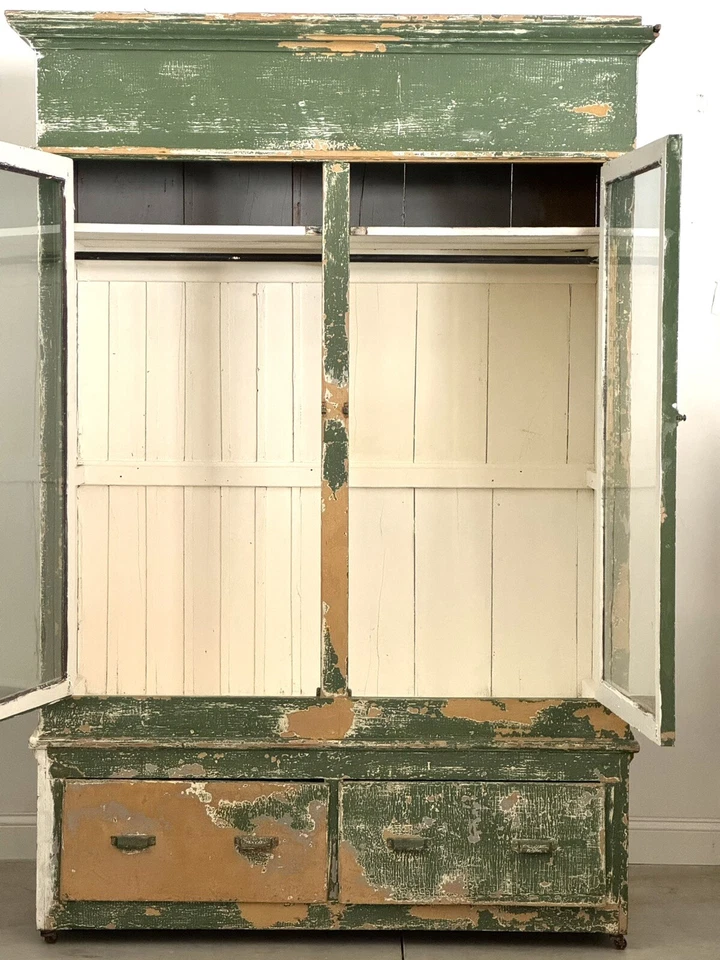 Antiguo Vitrina Boticario Verde Primitivo Armario Hutch Vitrina Vidrio Foto 4 de 4