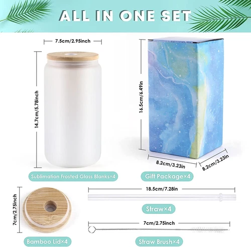 8 Pack Frosted Sublimation Glass Cups 16oz Mugs with Bamboo Lid HTVRONT - Picture 3 of 11