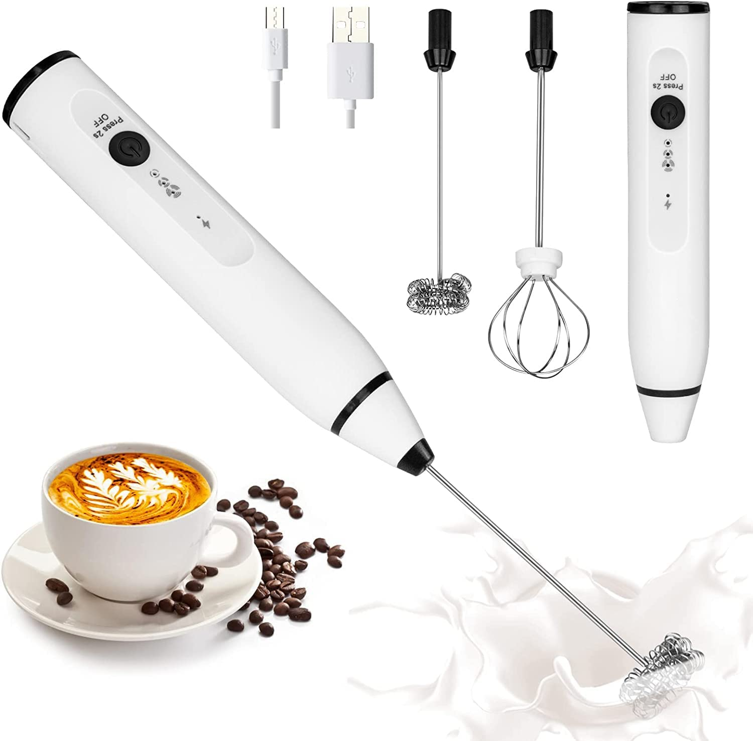 Milk Frother Handheld Foam Maker Usb-Rechargeable Drink-Mixer with 2 Stainless W-image