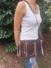 FOSSIL Satchel Handbag leather and canvas with key charm Kendall