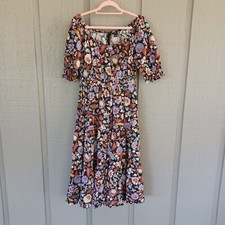 Ann Taylor Batik Floral Tiered Midi Flare Dress Size 4 Women Cotton Blend Boho